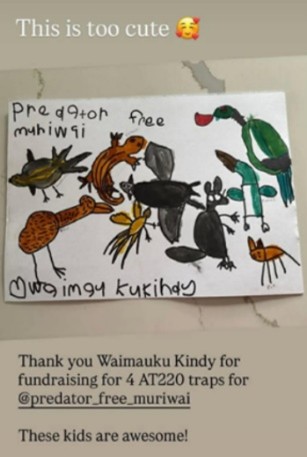 Tamariki artwork celebrating Predator Free Muriwai A child‑created drawing showing native birds and insects labelled “Predator Free Muriwai,” coloured in crayon and marker. The artwork features imaginative animals and handwritten text, celebrating children’s fundraising for predator traps, with accompanying text thanking Waimauku Kindy for supporting Predator Free Muriwai.